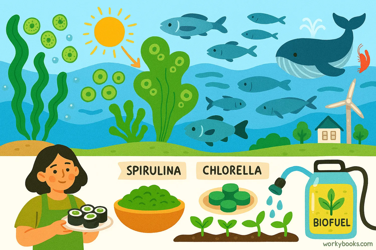 Algae powering ecosystems, oxygen production, human nutrition, and future biofuel in one wide scene.