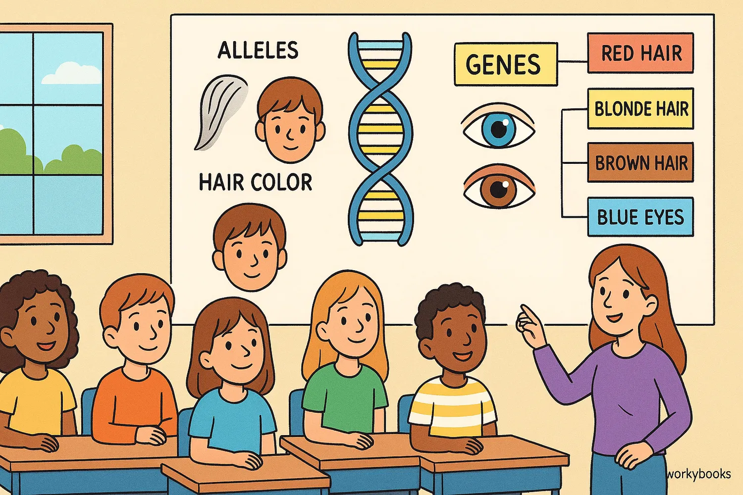 Cartoon classroom showing students learning about genes, alleles, and traits like hair and eye color.