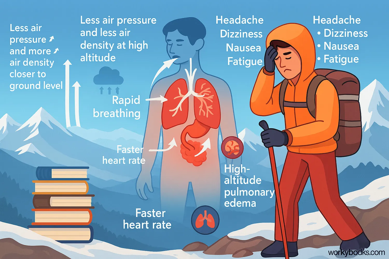 Climber shows effects of high altitude on breathing, heart rate, and oxygen levels. 📝 Image Caption: High-altitude changes in the body: oxygen drop, faster breathing, red blood cell boost.