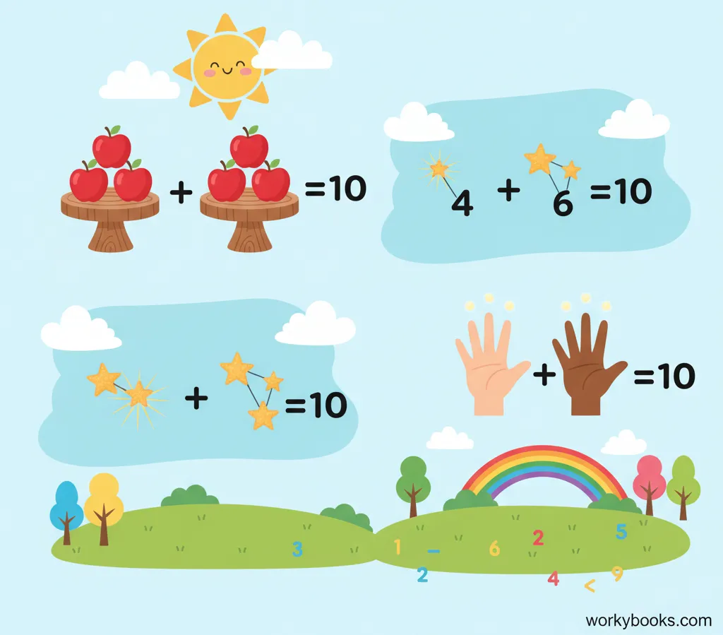 Number bonds to 10 using two hands with fingers showing different combinations