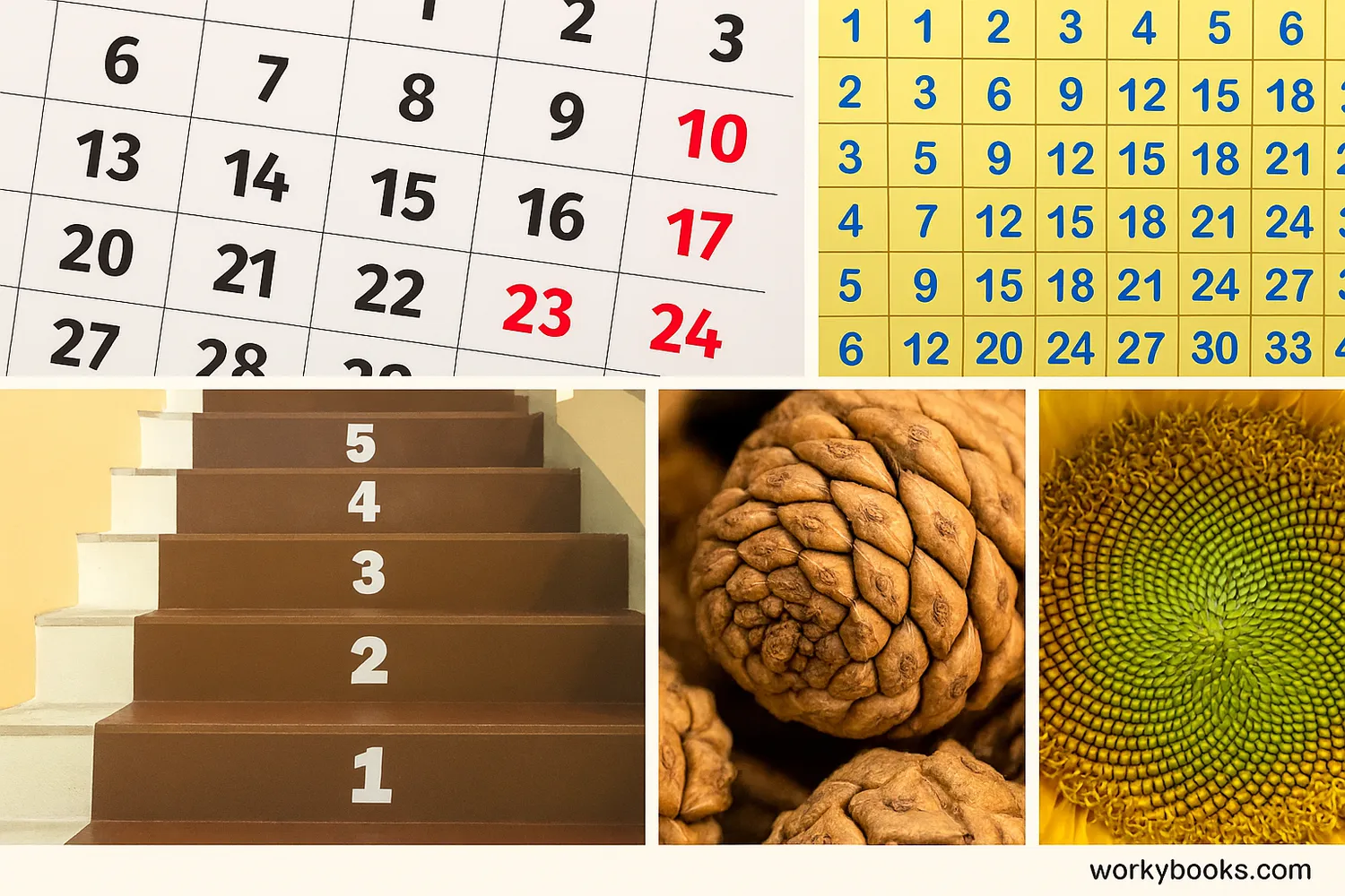 Examples of number patterns in calendars, stair steps, multiplication tables, and nature