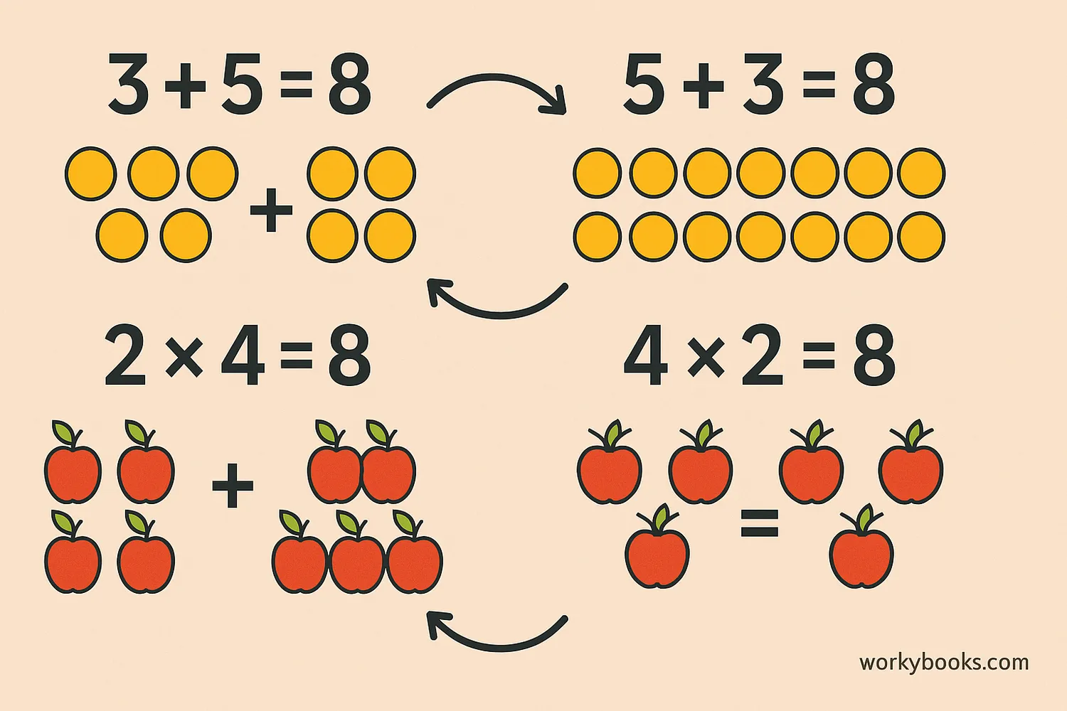 Visual explanation of commutative property showing that 3+5 equals 5+3 and 2×4 equals 4×2