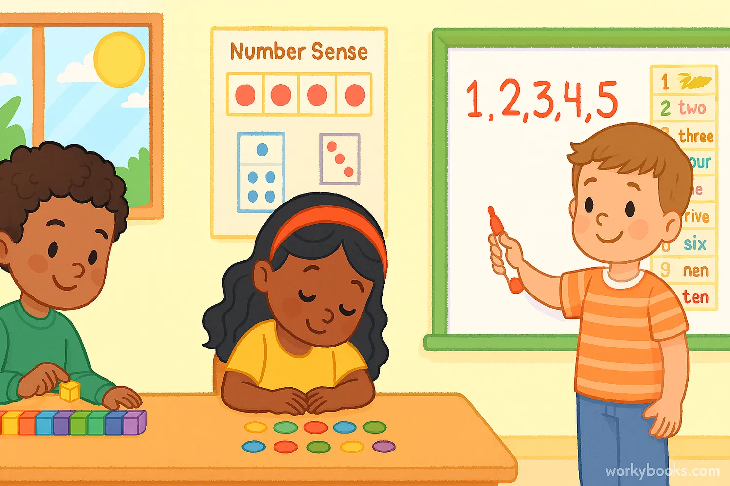 Children exploring numbers through counting blocks and number cards