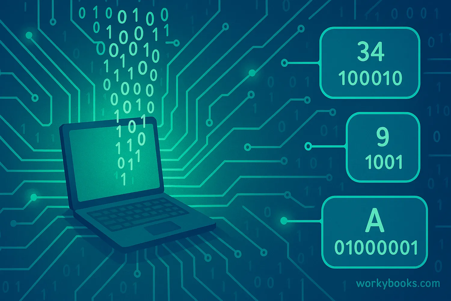 Computer circuitry showing binary code with 0s and 1s flowing through
