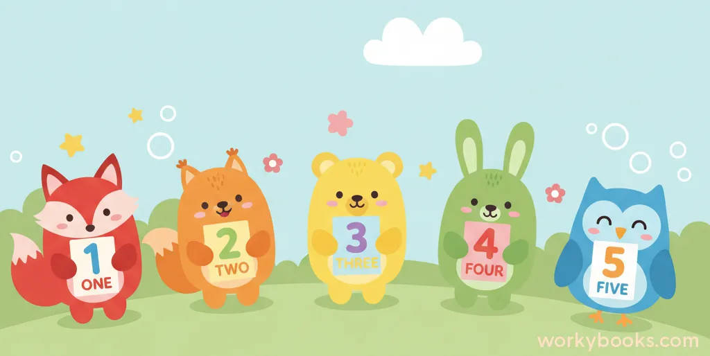Illustration showing numbers with their corresponding word forms, like 1 with 'one', 2 with 'two'