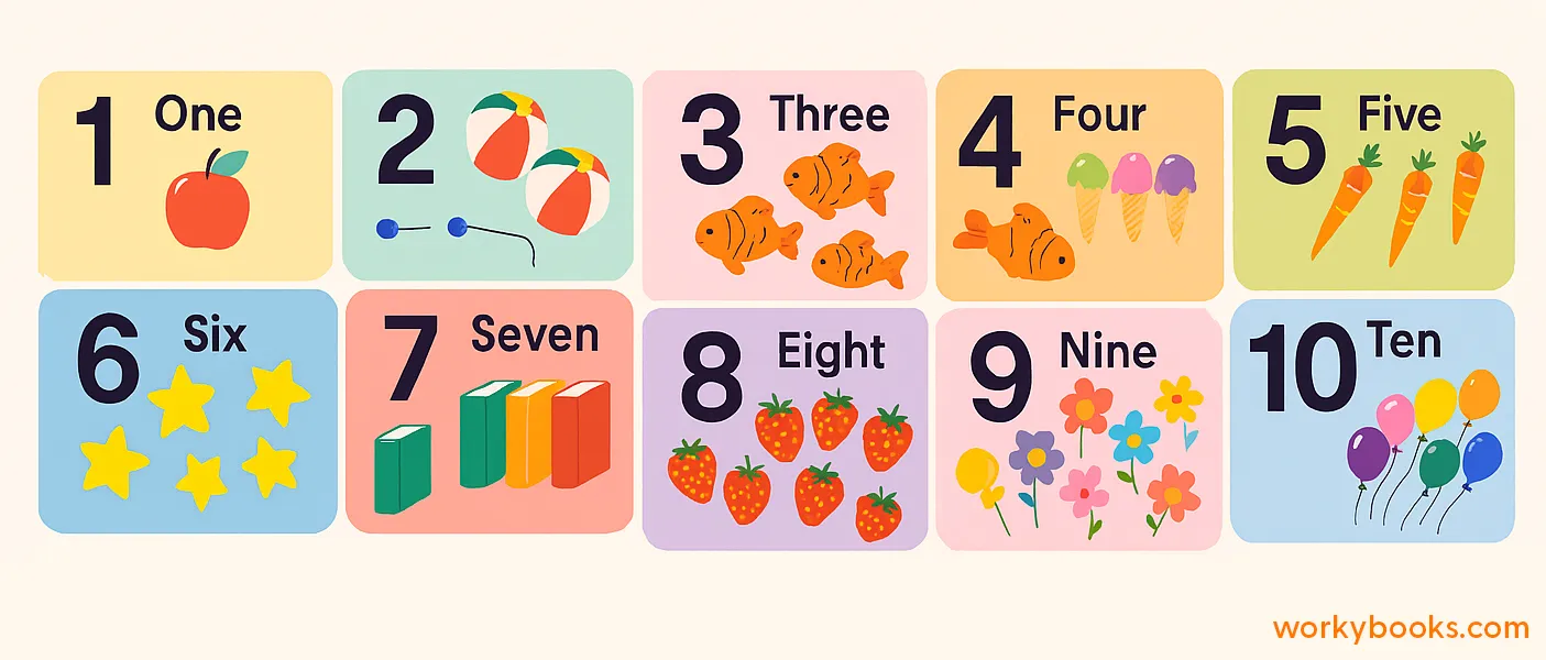 Colorful chart showing numbers 1 through 20 with their corresponding word forms