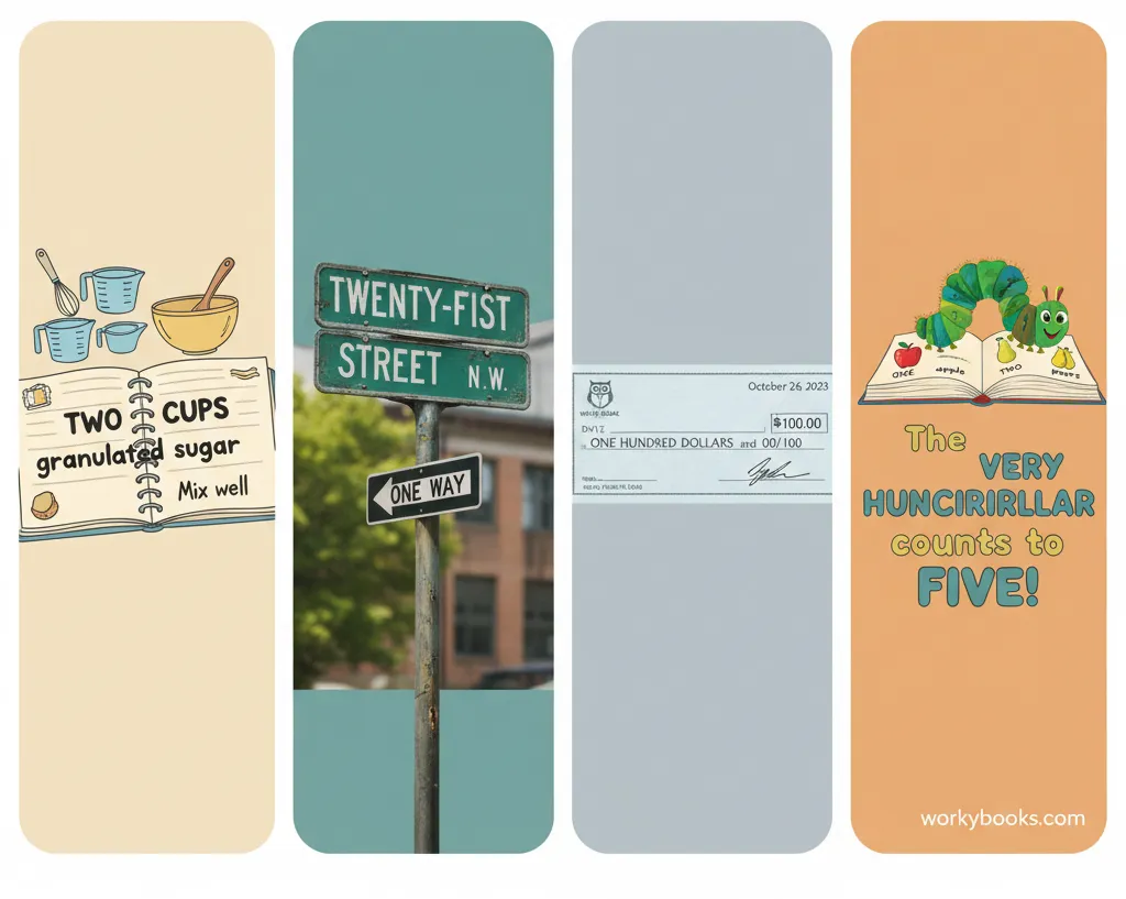 Real-world examples of number words in books, signs, recipes, and money