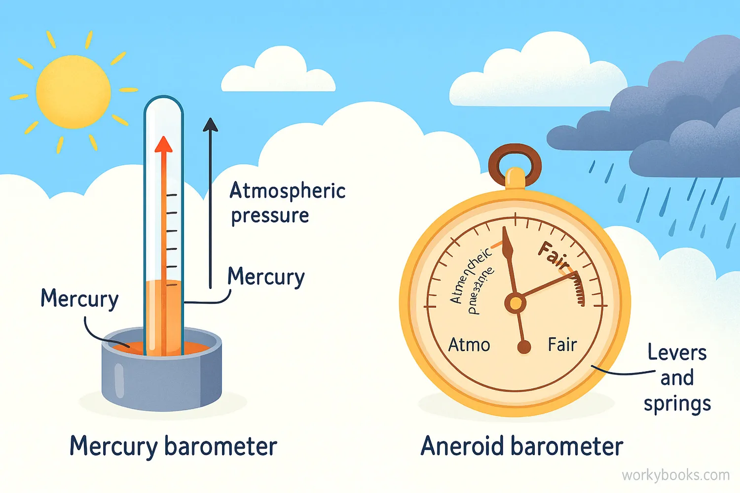 Wide student illustration showing mercury and aneroid barometers predicting sunny and stormy weather.