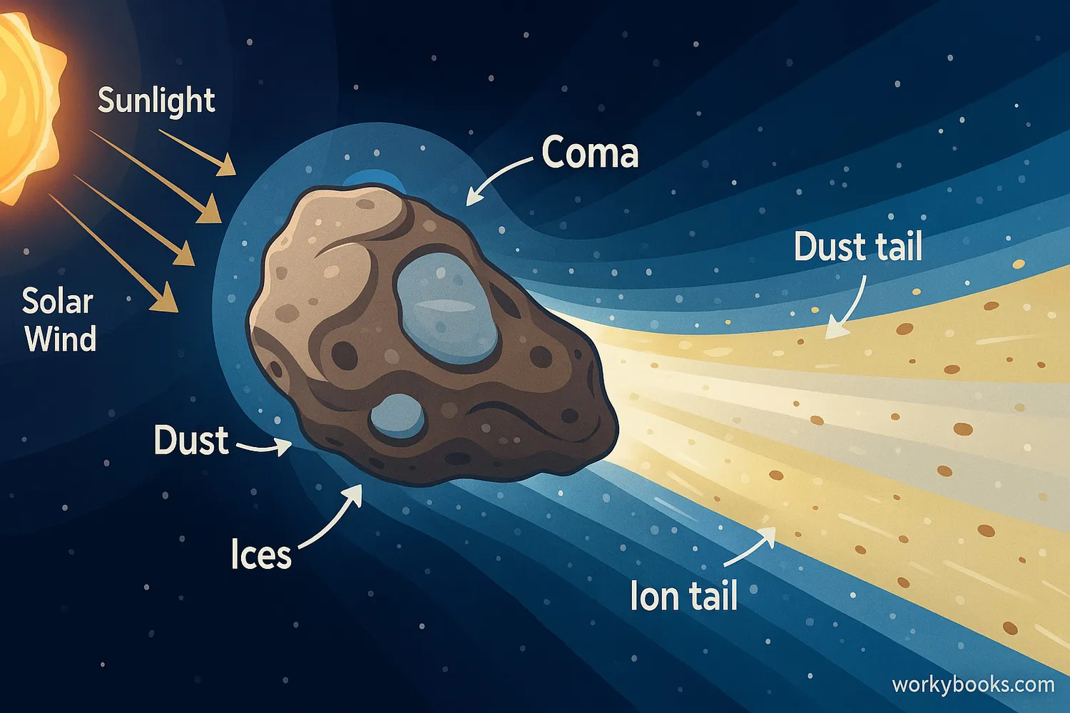 Wide diagram of Halley's Comet showing nucleus, coma, tails, and solar interaction.