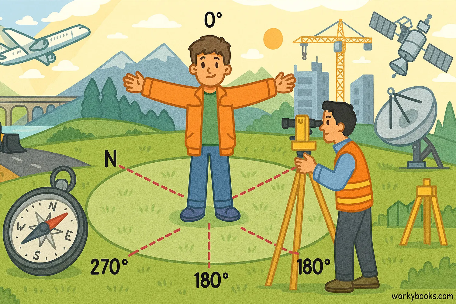 Wide illustration showing azimuth applications in navigation, surveying, astronomy, and communication.