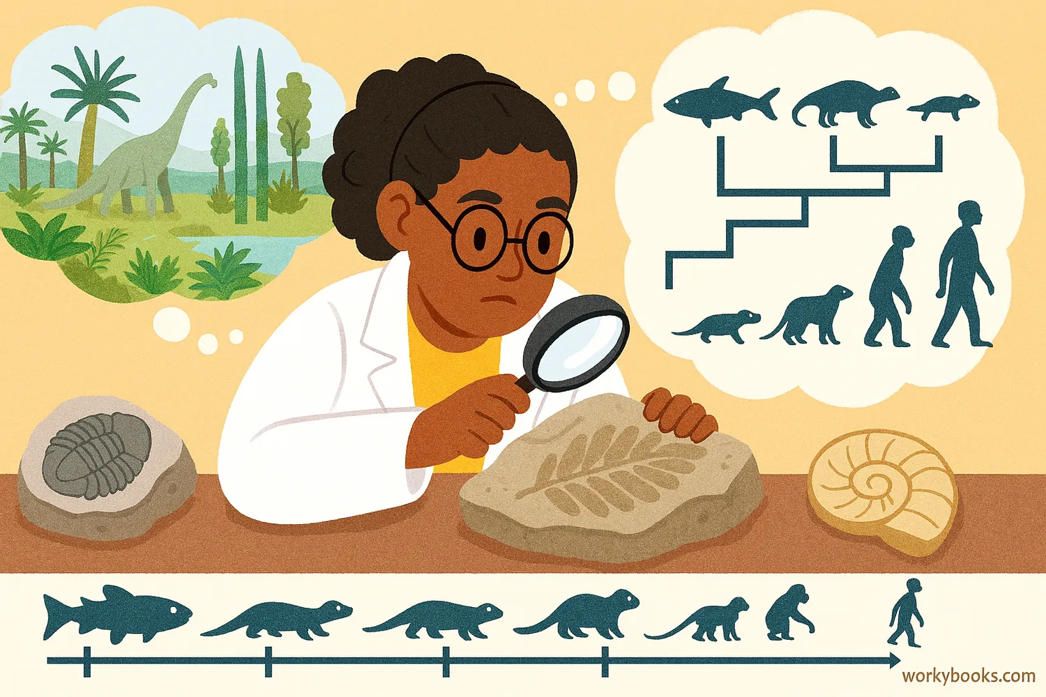 Illustration showing how fossils help scientists understand evolution and ancient environments