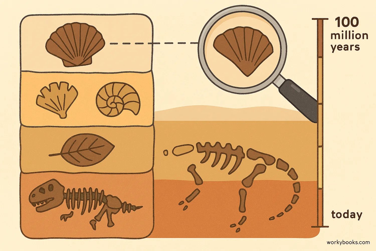 Illustration showing different types of fossils embedded in rock layers with a timeline indicating their age
