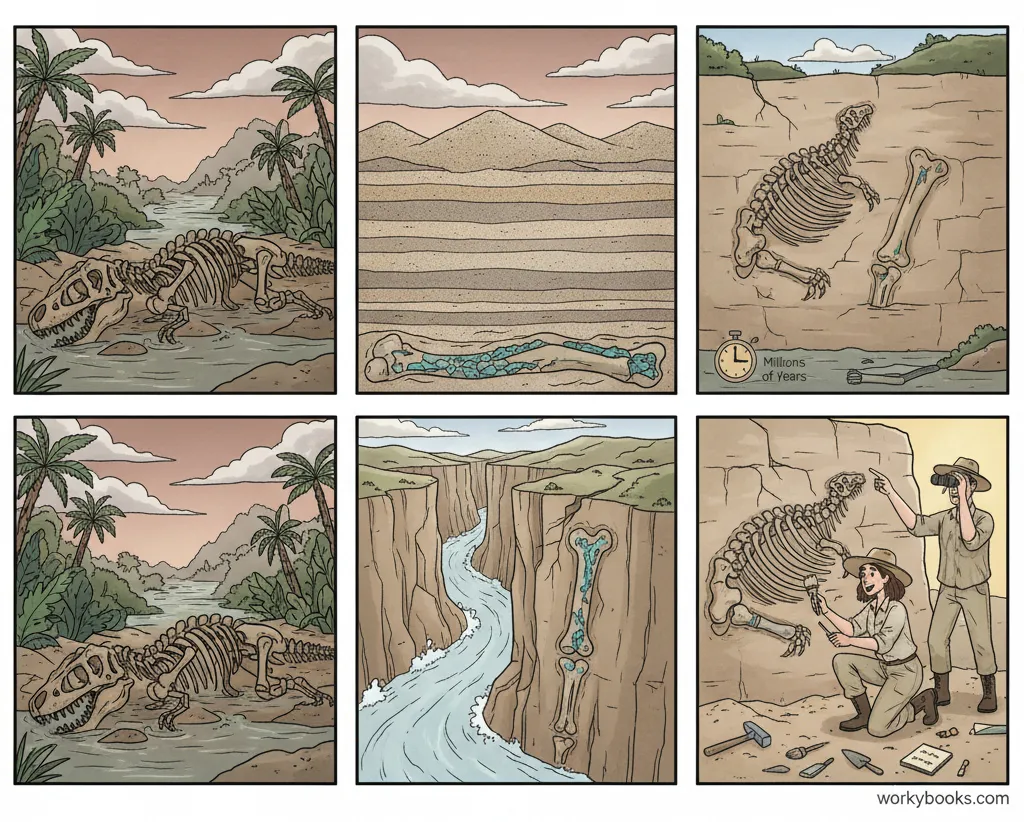 Step-by-step diagram showing how a dinosaur bone becomes a fossil over millions of years