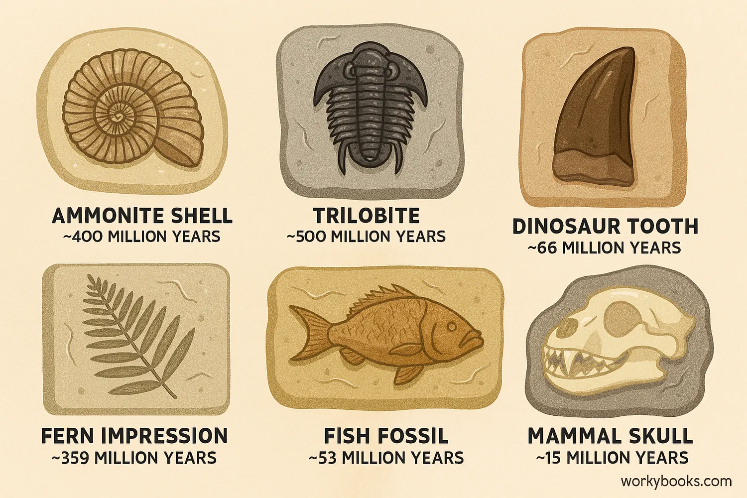 Collection of different fossil types including ammonites, trilobites, dinosaur bones, and plant impressions