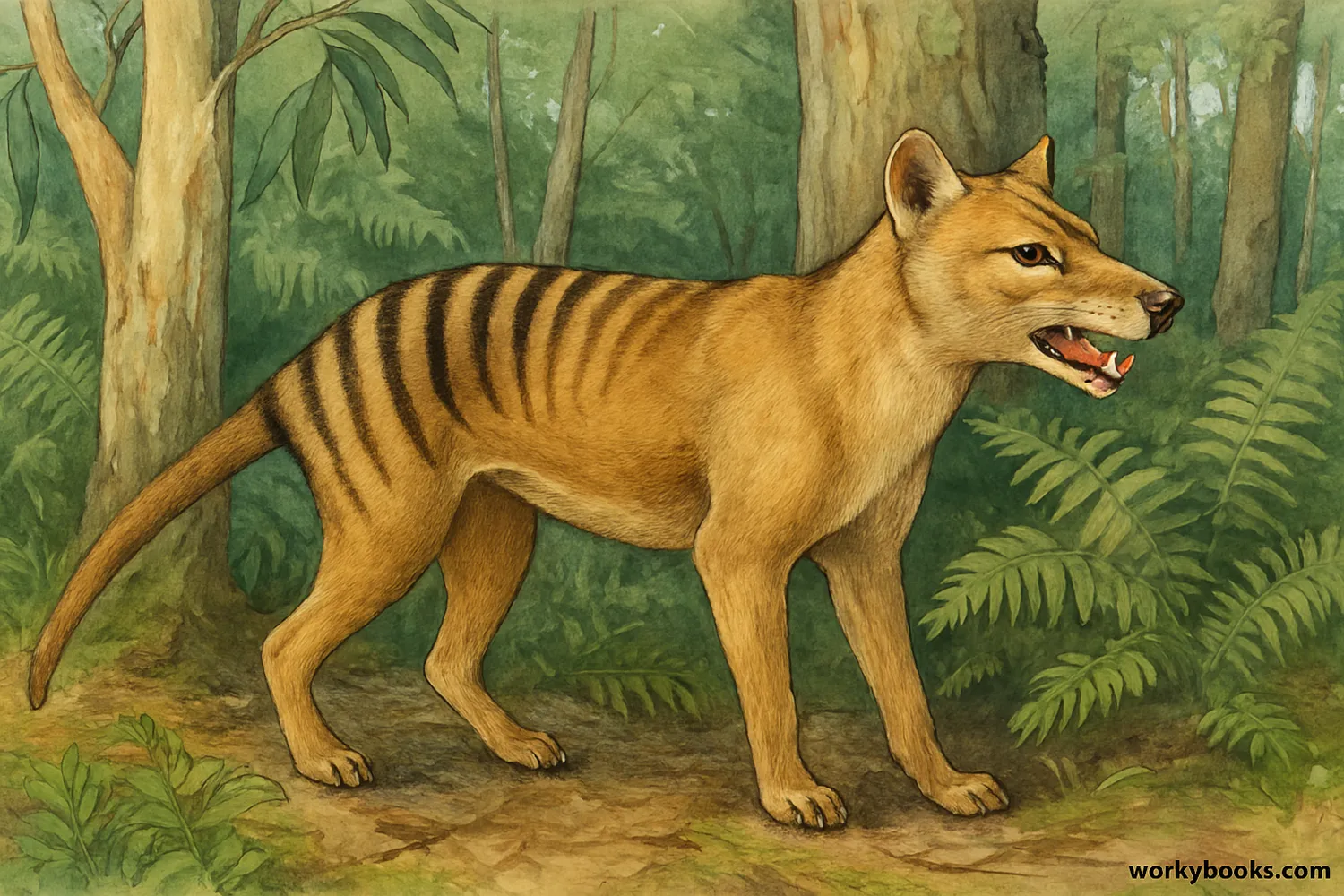 Illustration of a Tasmanian Tiger showing its distinctive striped back and dog-like appearance in a Tasmanian forest setting