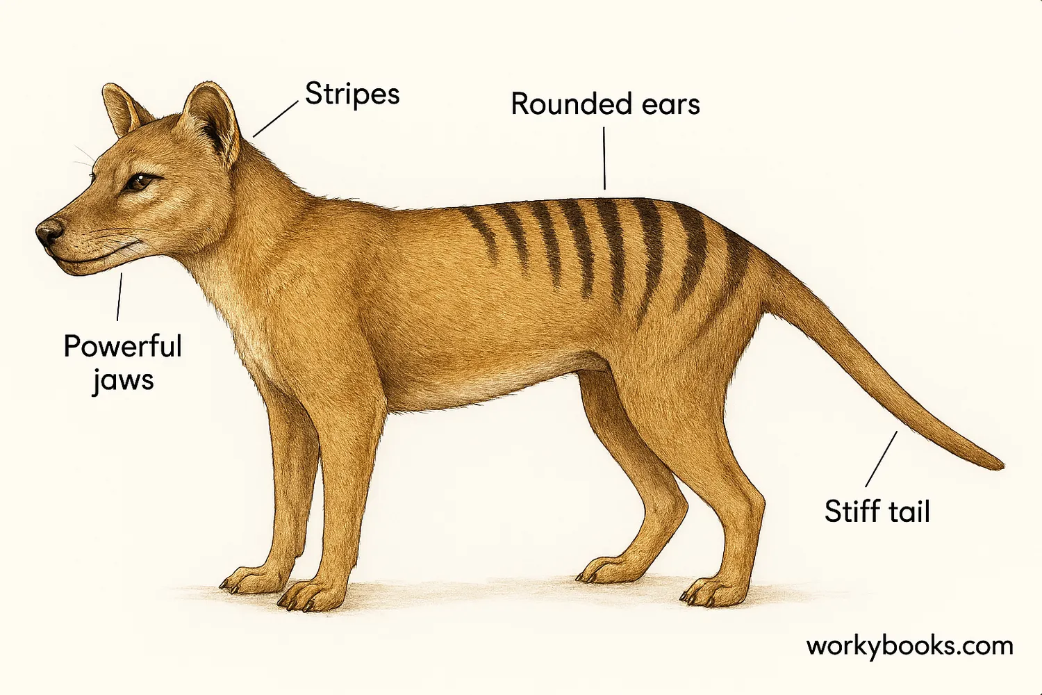 Detailed illustration highlighting the Tasmanian Tiger's distinctive stripes, dog-like head, and stiff tail