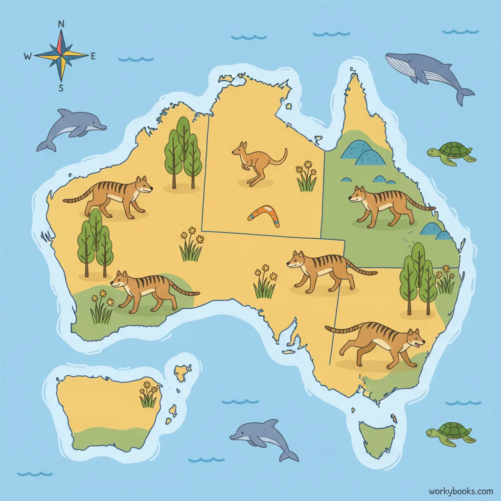 Map showing Tasmania and parts of Australia with thylacine historical range highlighted