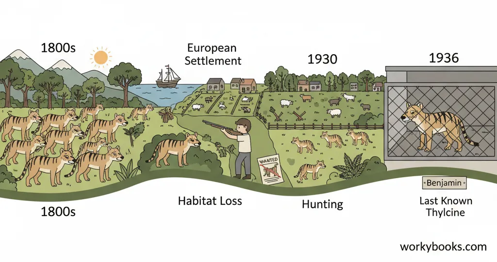 Timeline illustration showing key events in the decline and extinction of the Tasmanian Tiger