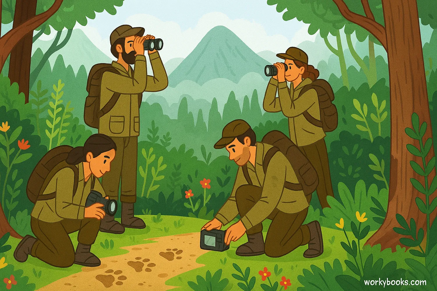 Illustration of explorers in the Tasmanian wilderness using binoculars and cameras to search for evidence of thylacines