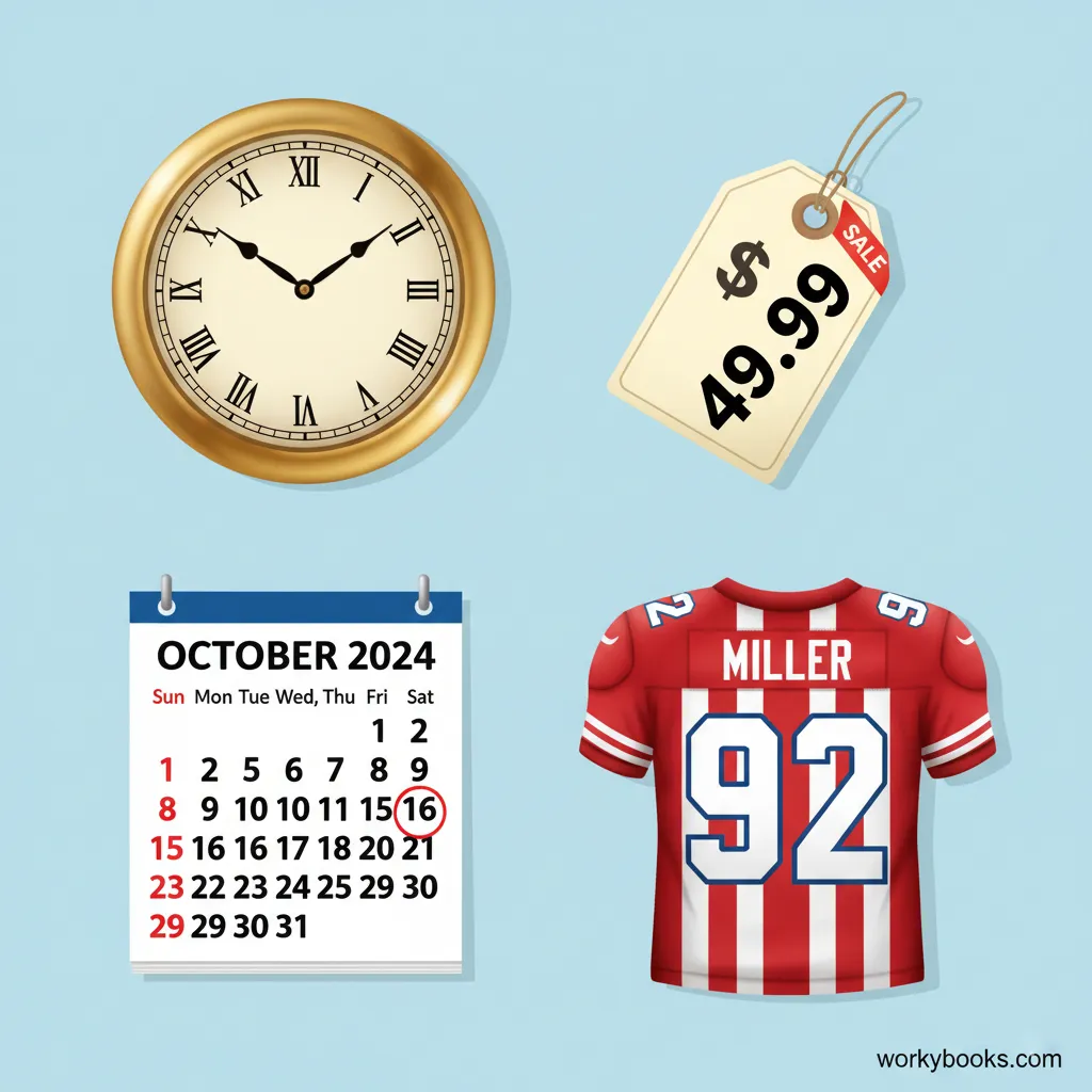 Real-world examples of numerals: clock with Roman numerals, calendar with Arabic numerals, price tag with money symbols, and sports jerseys with numbers