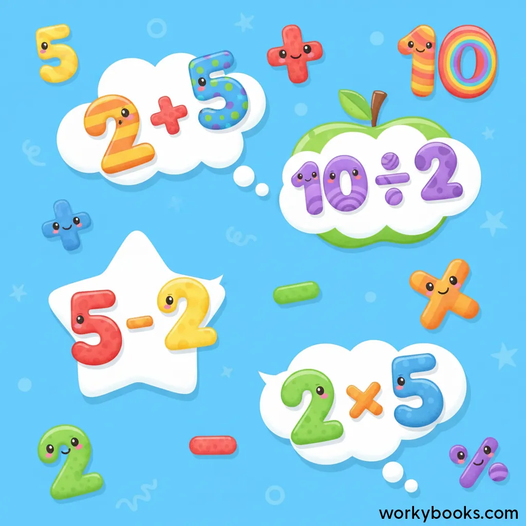 Visual representation of numbers and operations combining to form expressions