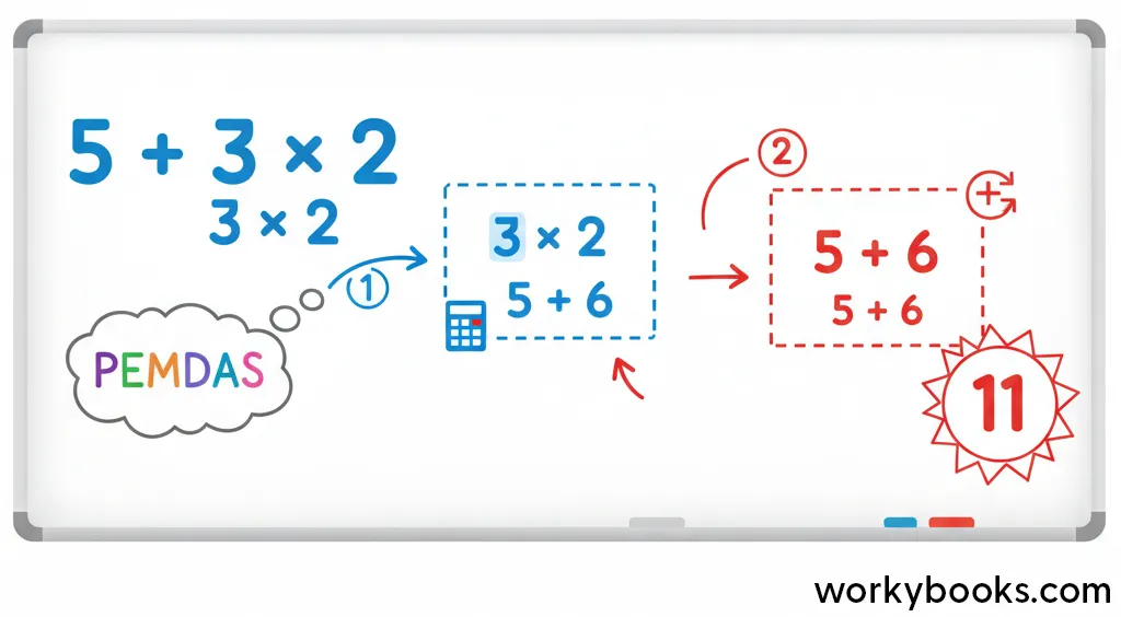 Step-by-step process of evaluating a numerical expression using order of operations