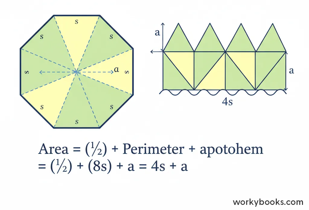 Visual explanation of how to calculate the area of a regular octagon by dividing it into simpler shapes