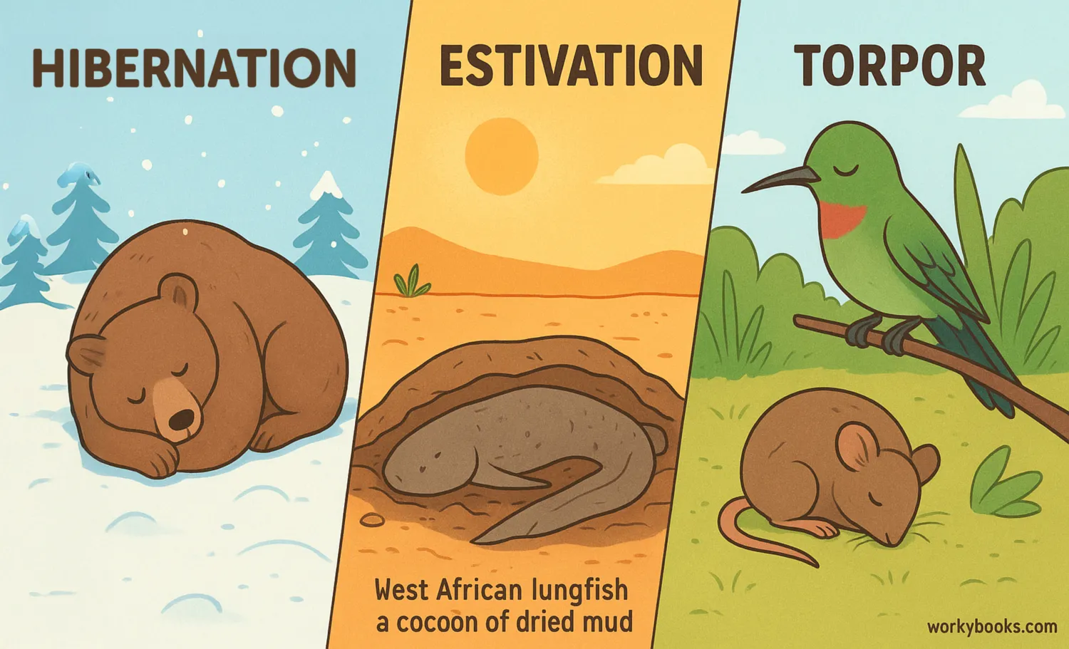 Animals showing hibernation, estivation, and torpor survival strategies in different environments.