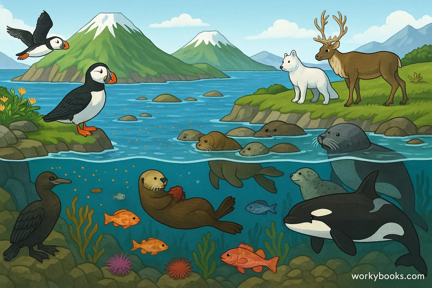 Aleutian Islands wildlife above and below water with seabirds, mammals, fish, and kelp.