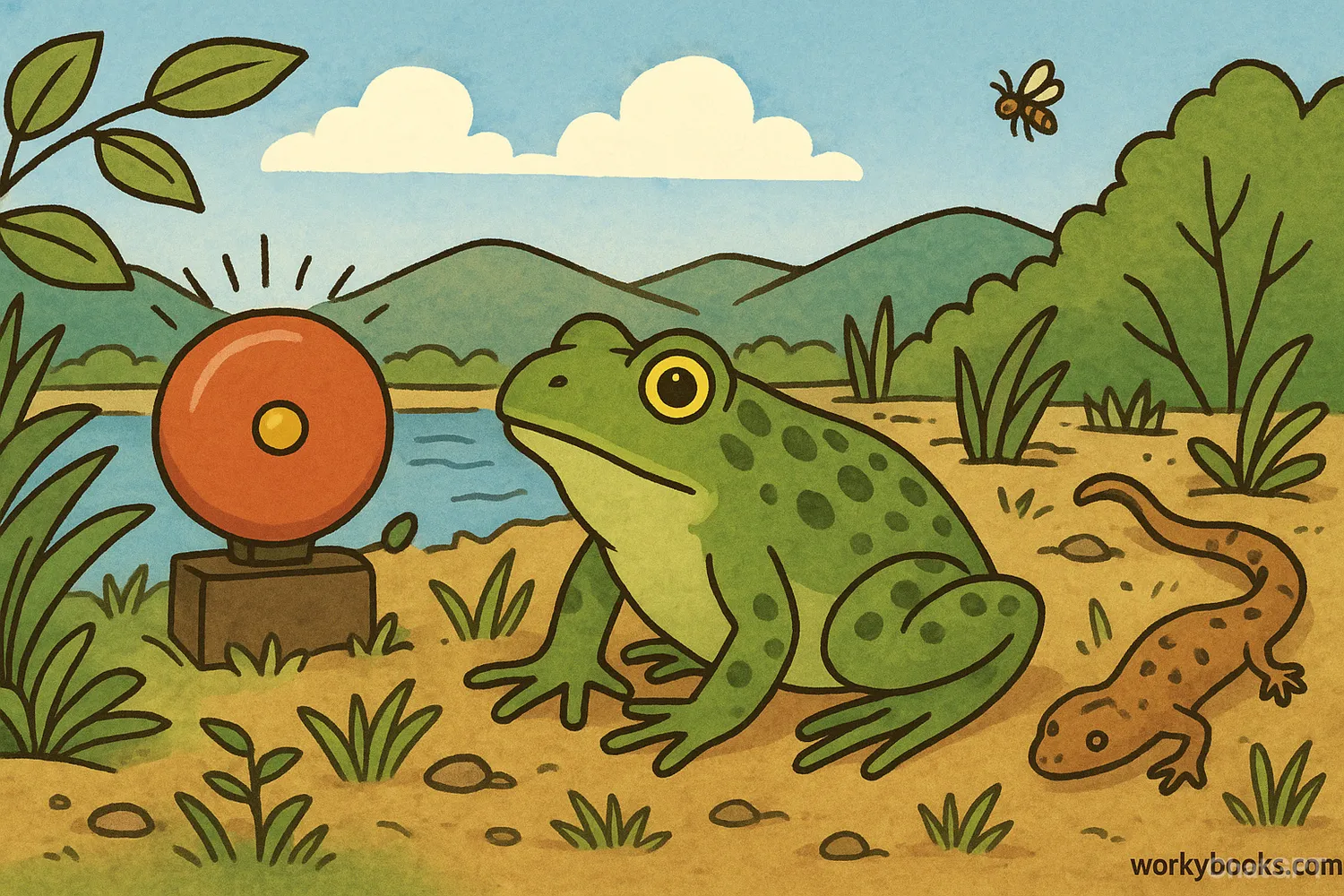 Frog and salamander near alarm bell in a natural landscape.