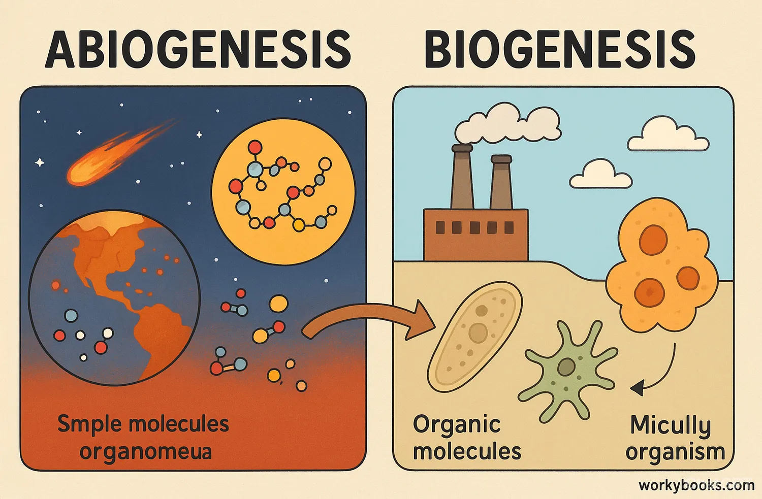 Illustration showing abiogenesis from molecules and biogenesis from existing cells.