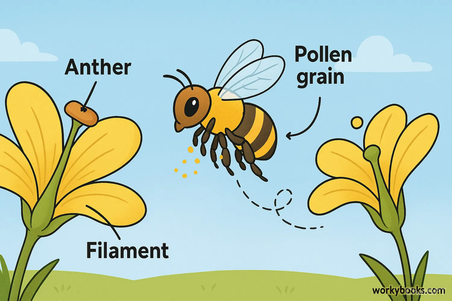Bee transfers pollen from one flower’s anther to another flower’s stigma.