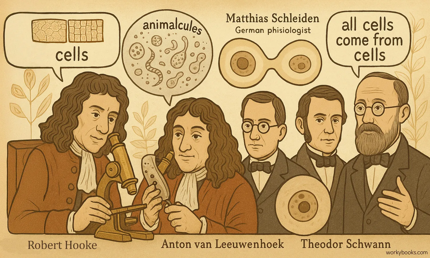 Illustrated history of cell theory with Hooke, Leeuwenhoek, Schleiden, Schwann, and Virchow.