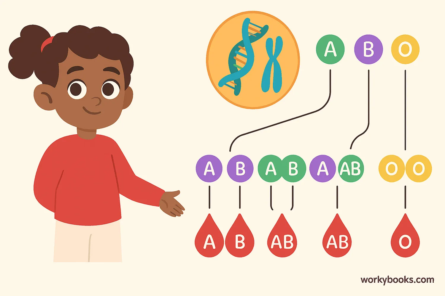 Diagram showing how A, B, and O alleles determine human blood types.
