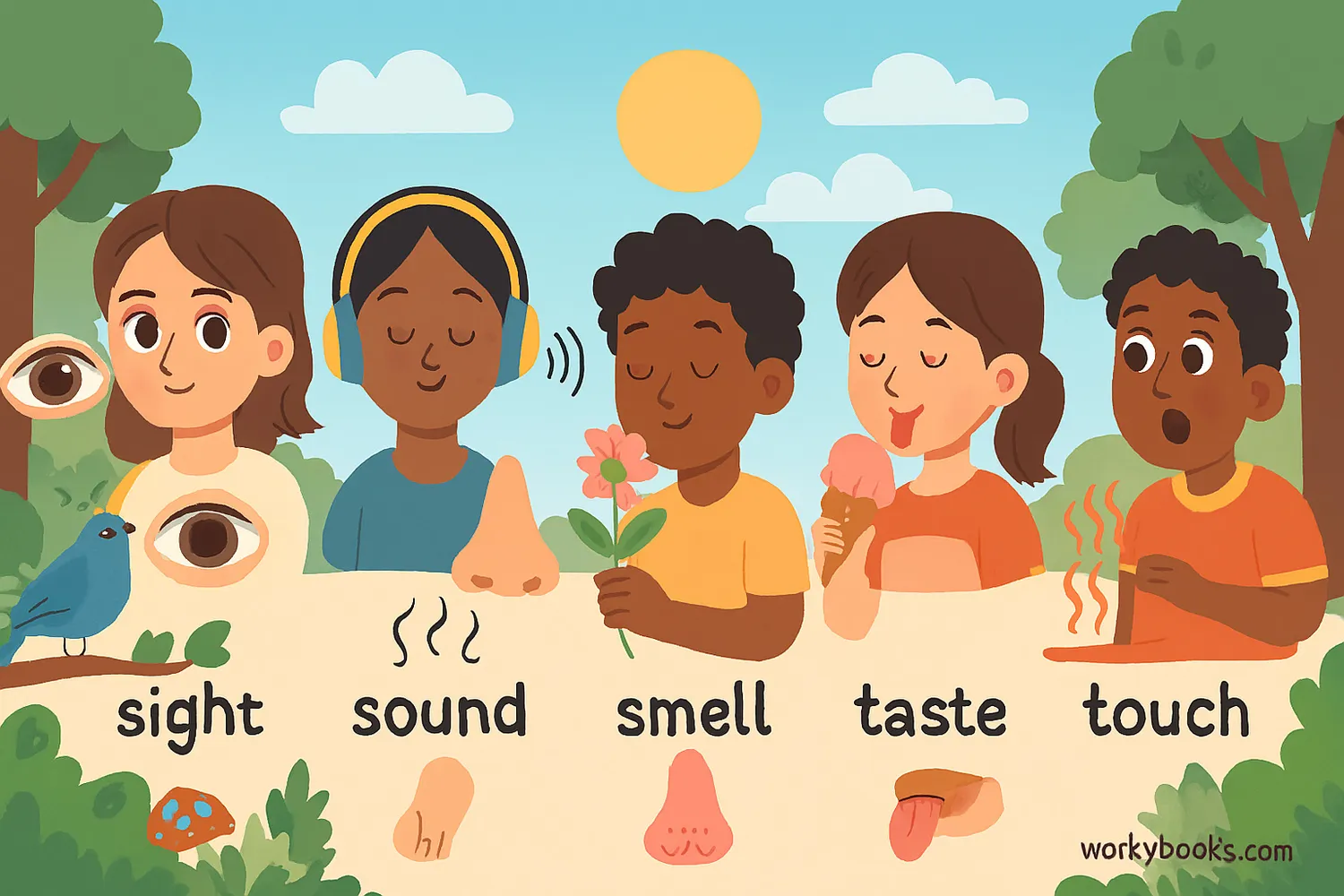 Children use sight, sound, smell, taste, and touch in a bright nature scene.