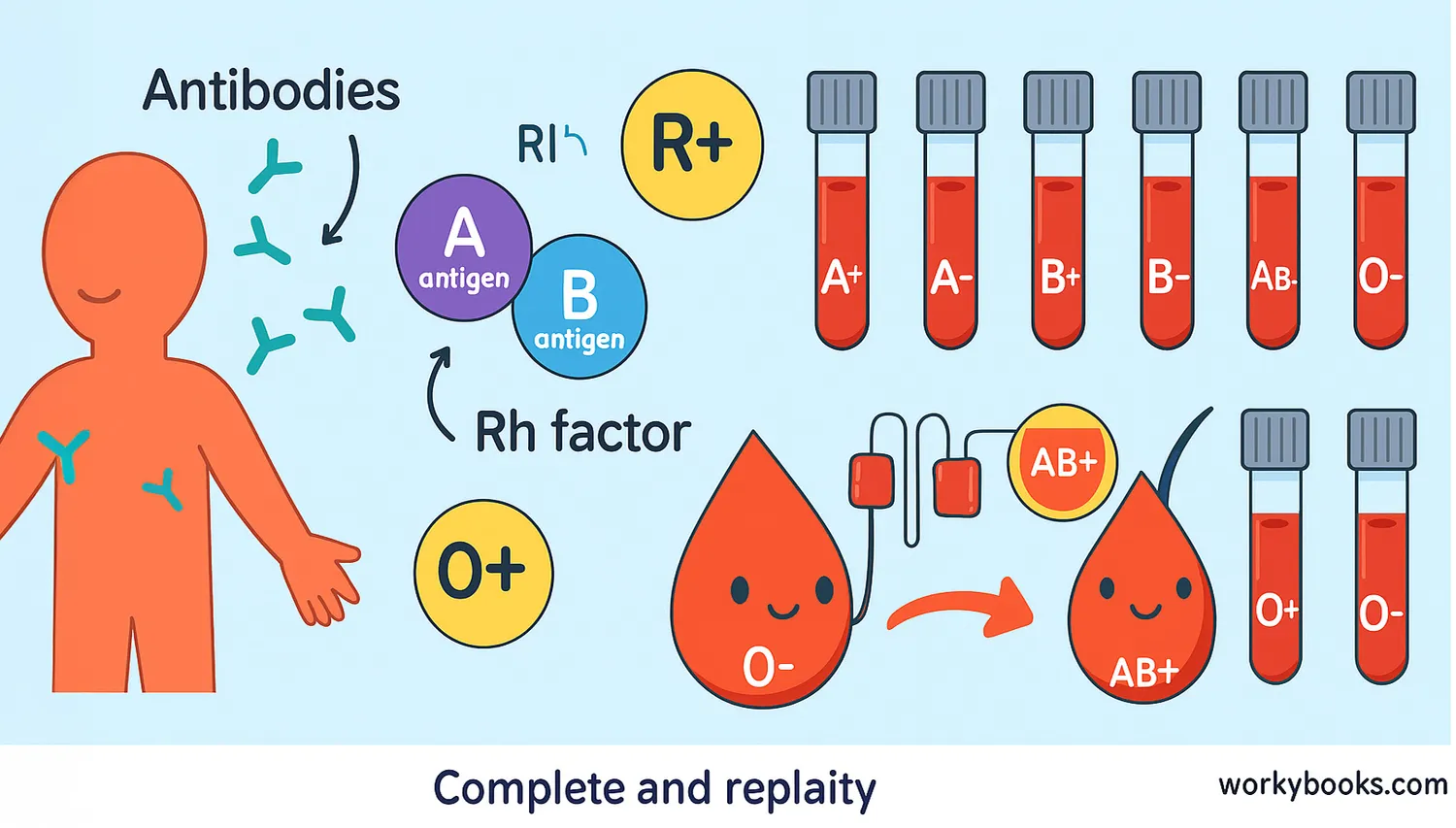 Wide infographic showing blood types, antigens, antibodies, Rh factor, and transfusion compatibility.