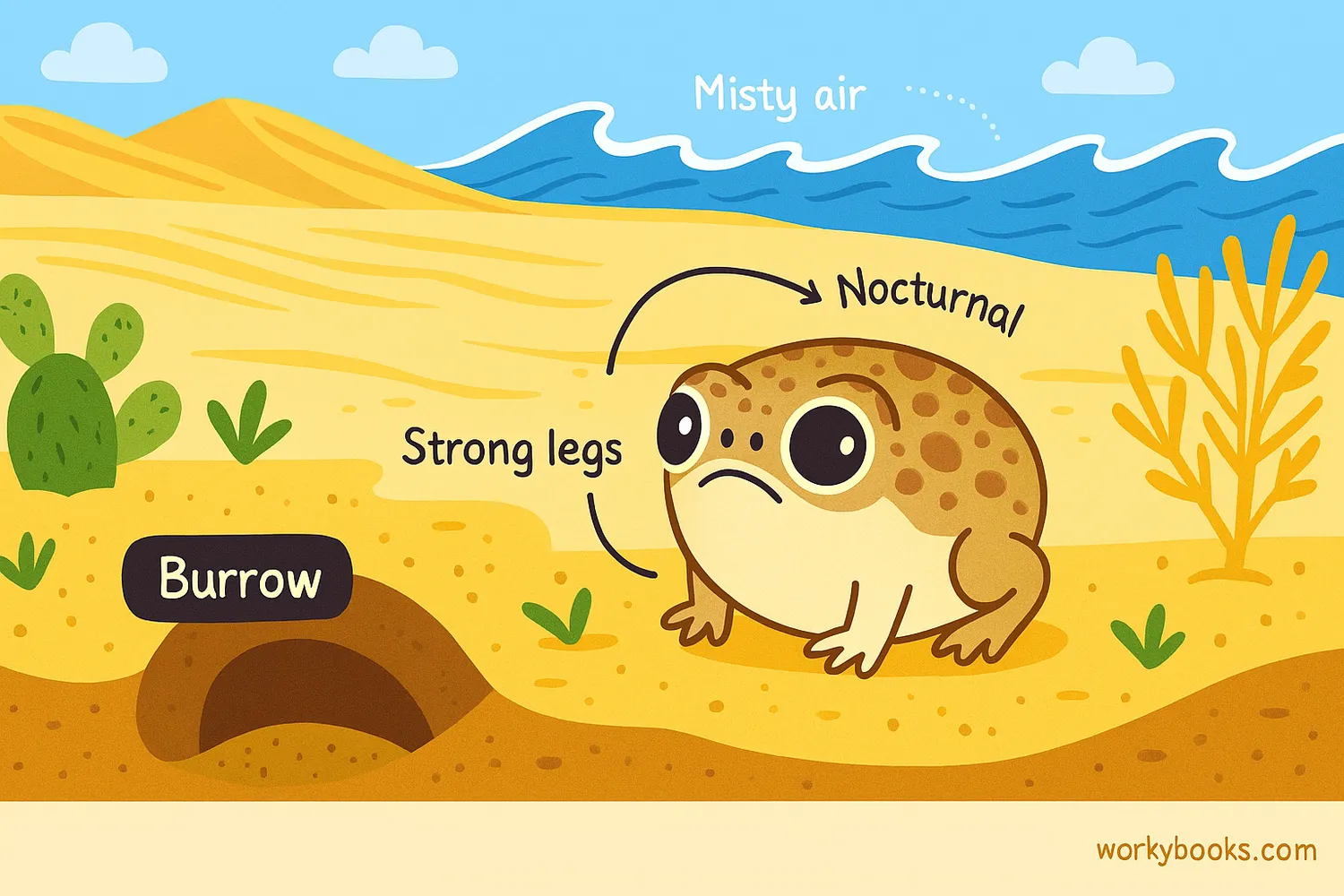 Desert rain frog in sand dunes with burrow, misty air, and desert plants at night.