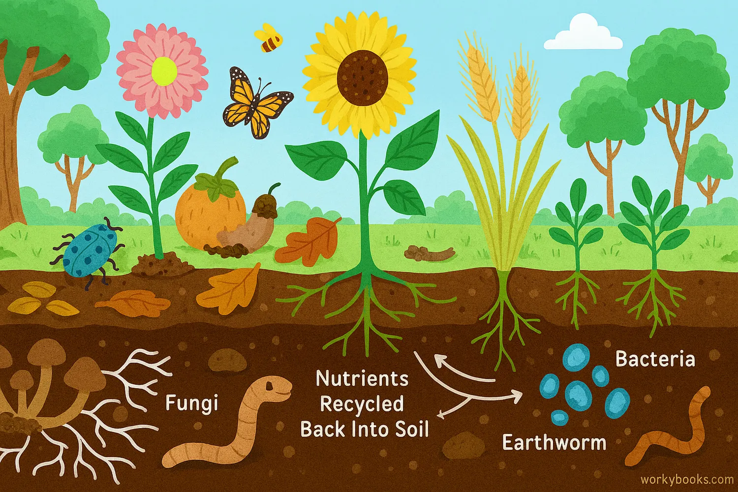 Decomposers recycle dead matter into nutrients across forest, field, and garden ecosystems.