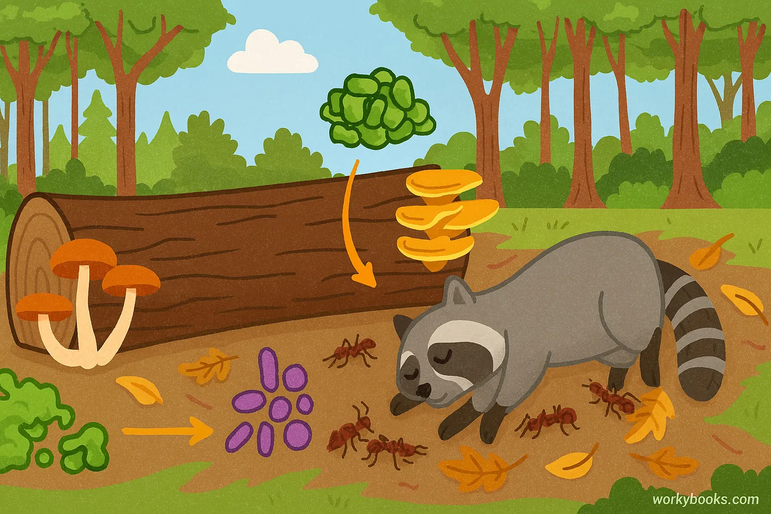 Forest decomposers recycling dead matter into nutrients for new plant growth.