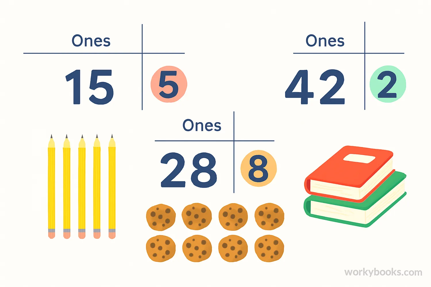 Various examples showing the ones place in different numbers
