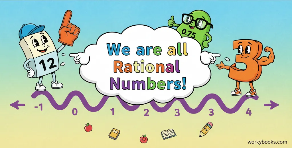 A vibrant educational chart showing different forms of rational numbers. It features a friendly fraction character (1/2), a decimal character (0.75), and an integer (3) on a number line, all pointing to a central bubble that says 'We are all Rational Numbers!'