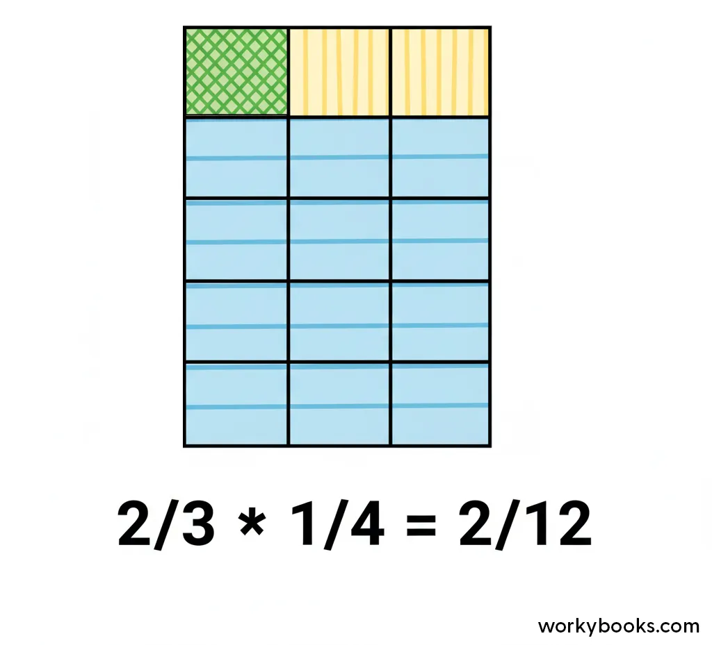 An area model diagram showing the multiplication of fractions 2/3 * 1/4. A square is divided vertically into 3 columns with 2 shaded, and horizontally into 4 rows with 1 shaded. The overlapping doubly-shaded area clearly represents the product, 2/12.