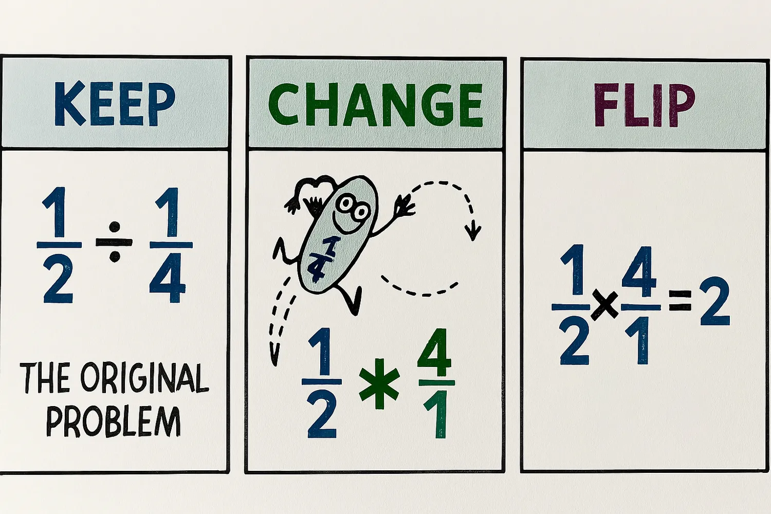 A fun, three-panel cartoon explaining fraction division with 'Keep, Change, Flip' for 1/2 ÷ 1/4. Panel 1 shows the original problem. Panel 2 shows the ÷ symbol changing to a × and the 1/4 fraction doing a backflip to become 4/1. Panel 3 shows the final multiplication.