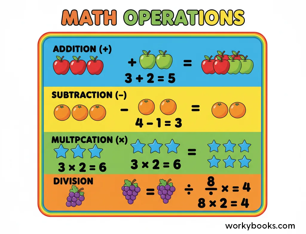 Visual representation of the four basic math operations with examples