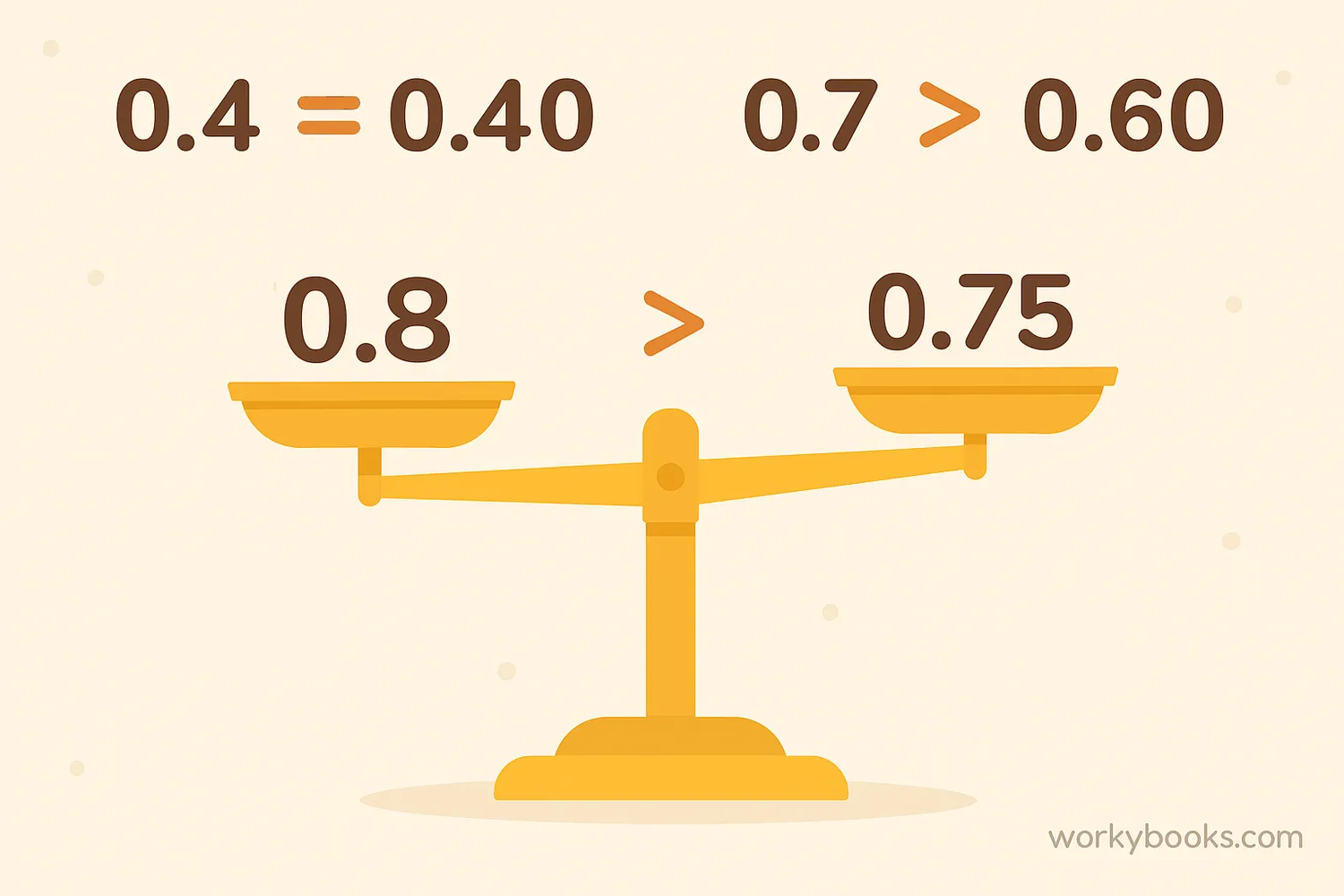 Diagram showing comparison symbols (<, >, =) used with decimal numbers