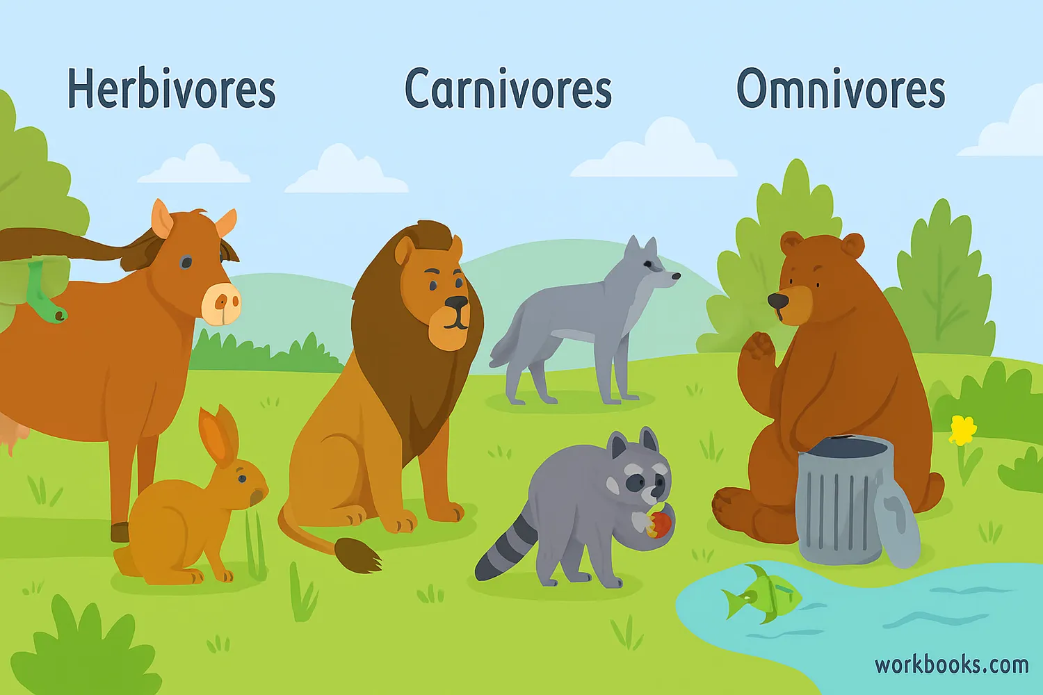 Wide scene of herbivores, carnivores, and omnivores in nature with energy flow. Caption: Animals grouped by diet in a connected ecosystem showing energy transfer across trophic levels.