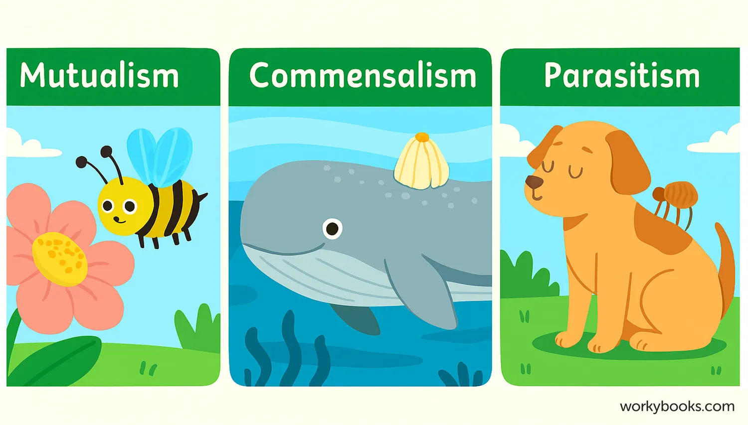 Bee, barnacle, and flea show mutualism, commensalism, and parasitism across a wide canvas.