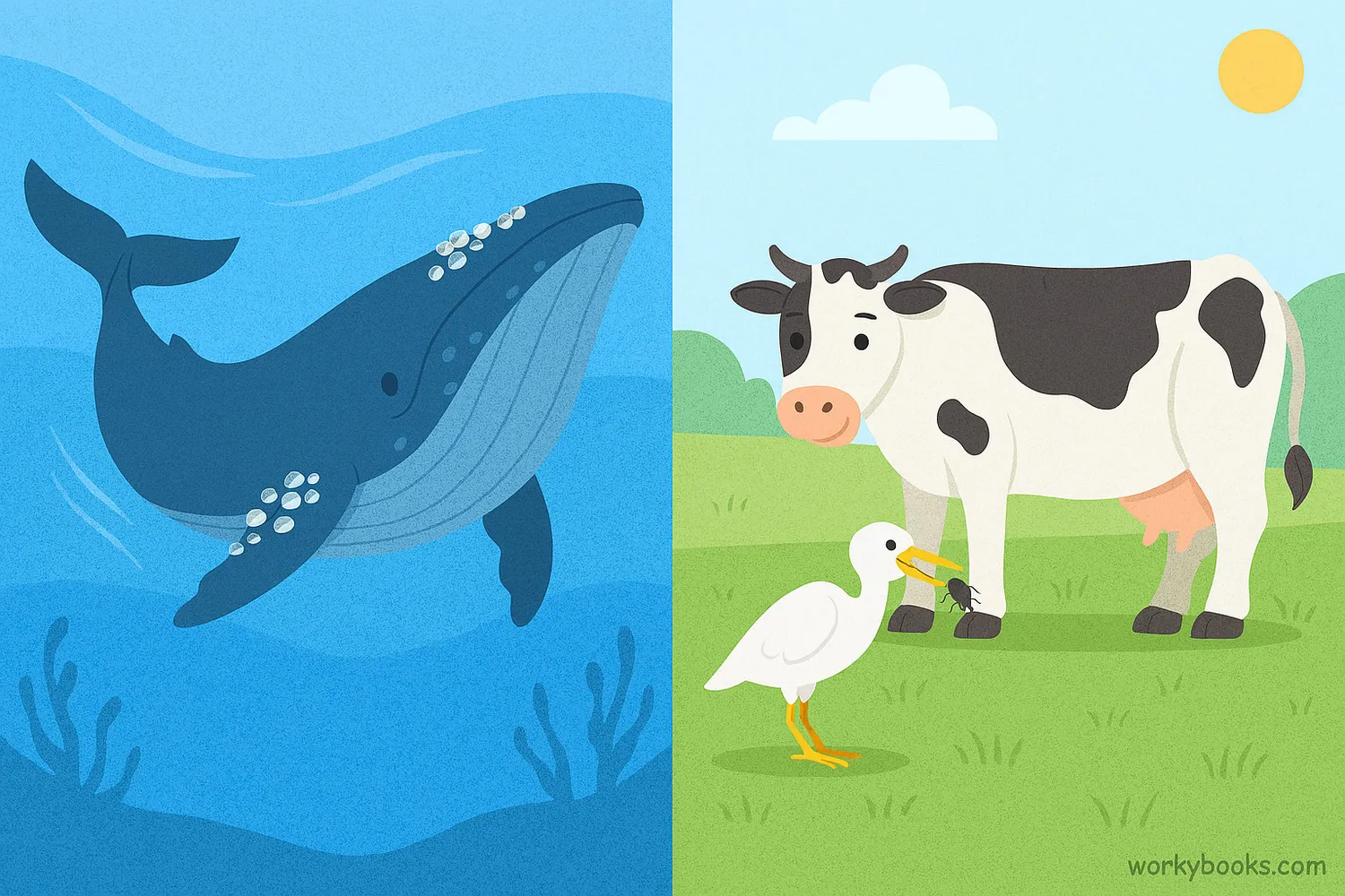 Whale with barnacles and cow with egret showing commensalism in nature.