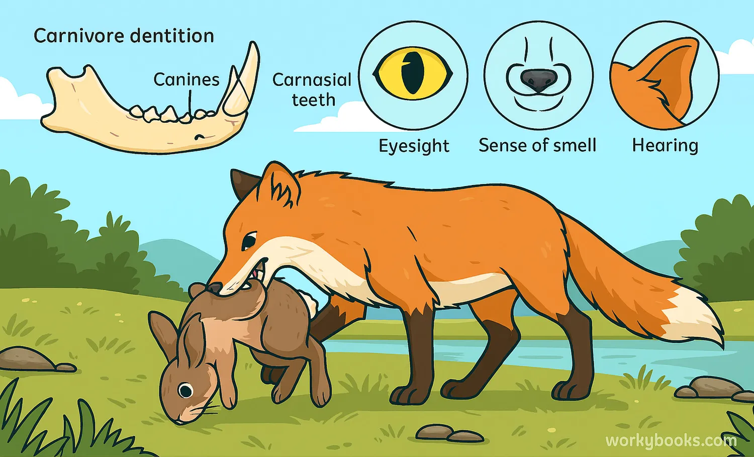 Fox catching rabbit, lion and wolf showing teeth, bear eating meat and plants.