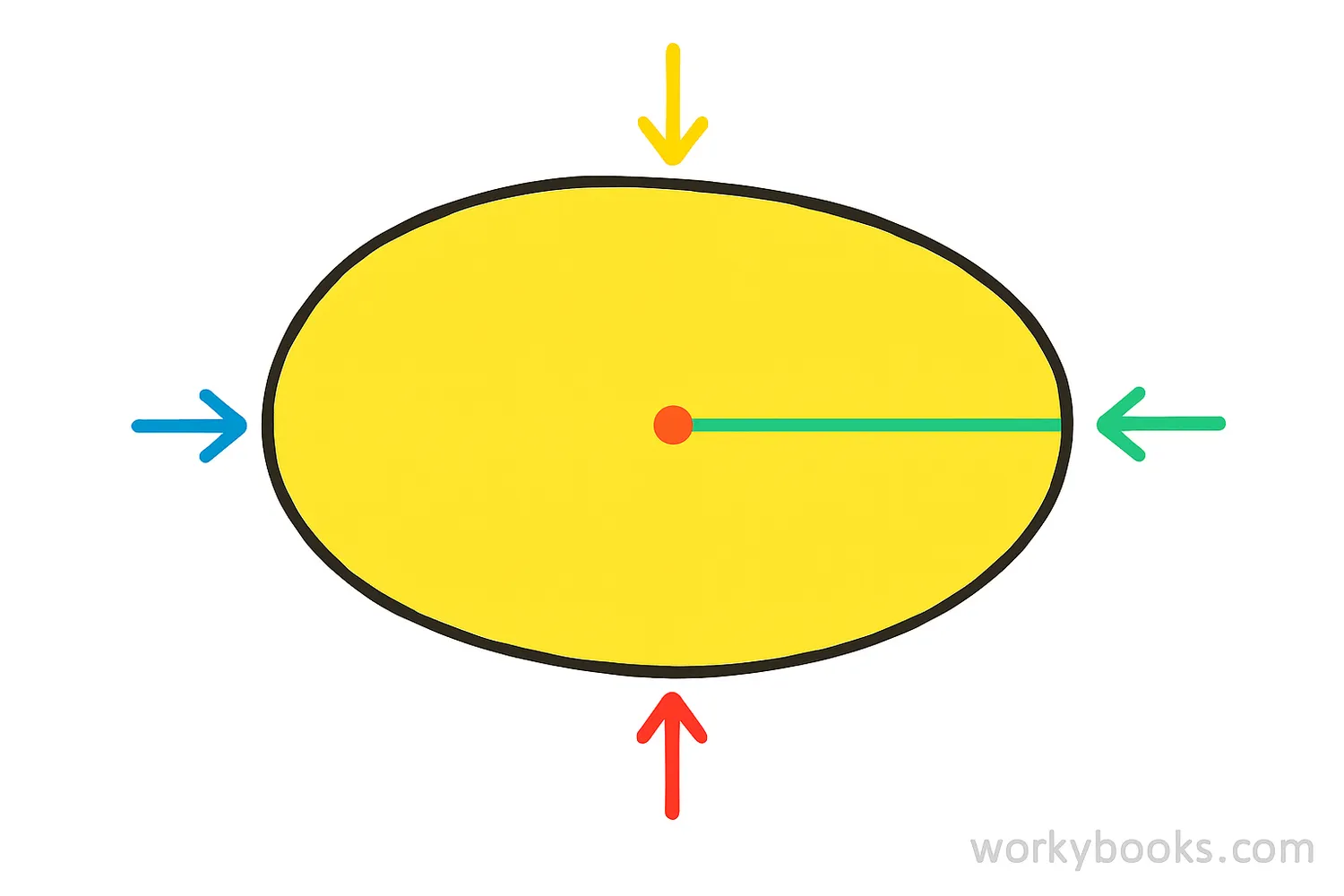 Simple illustration showing an oval shape with arrows indicating its curved sides and different radii